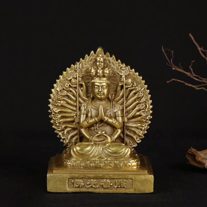 Chenrezig Thousand-handed Avalokitesvara Figurine Double-sided Kuan Yin Bodhisattva Protection Solid Copper Statue Decoration