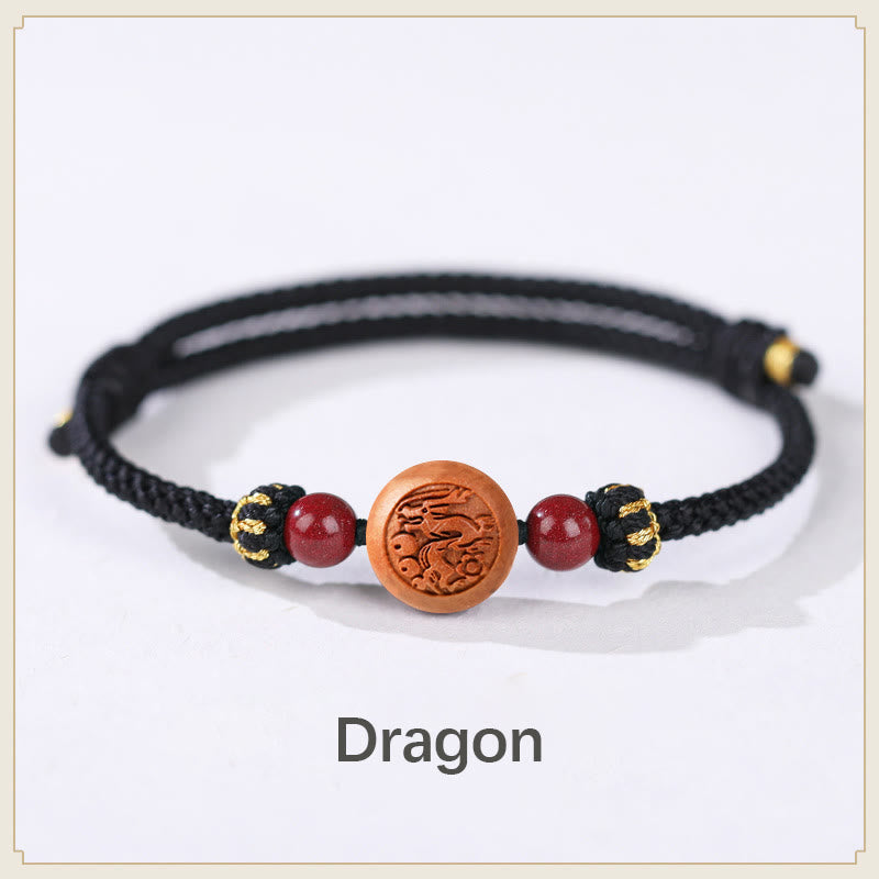 Buddha Stones Natural Peach Wood Chinese Zodiac Fu Character Carved Cinnabar Wealth Bracelet