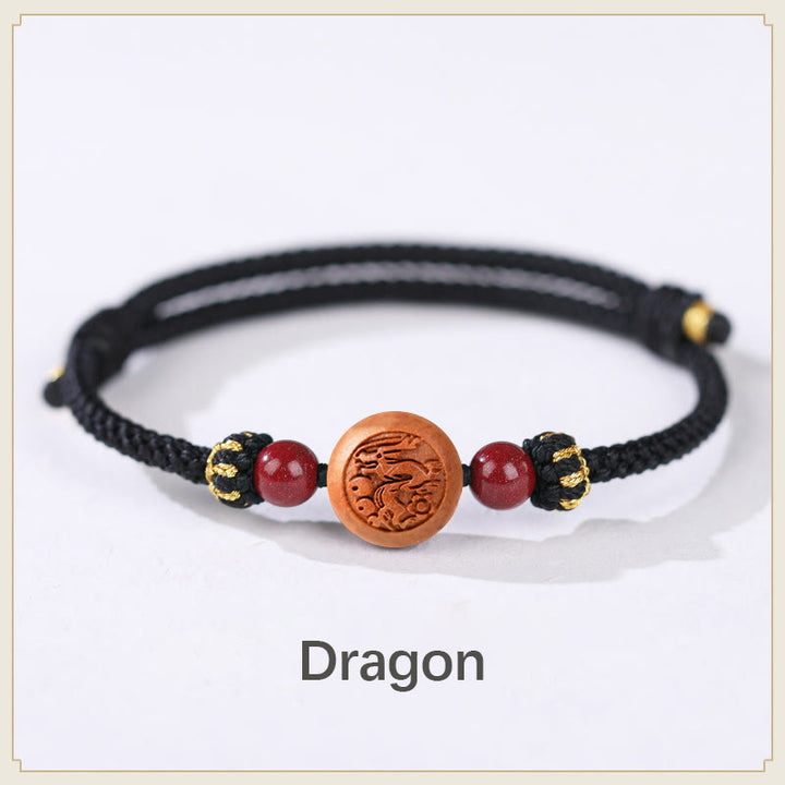 Buddha Stones Natural Peach Wood Chinese Zodiac Fu Character Carved Cinnabar Wealth Bracelet