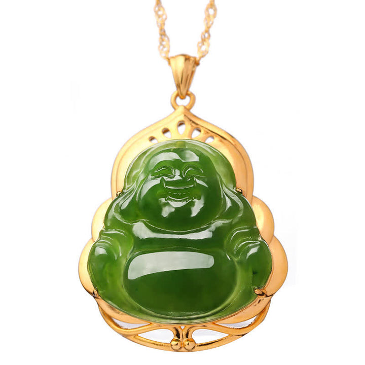 925 Sterling Silver Natural Hetian Cyan Jade Laughing Buddha 18K Gold Healing Necklace Chain Pendant