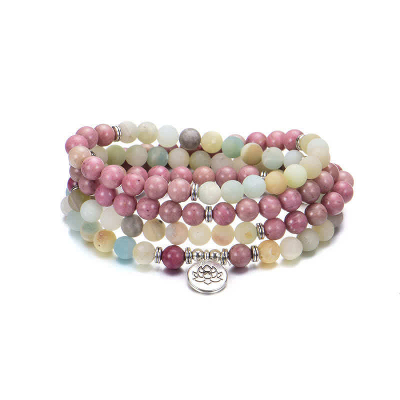 Buddha Stones Lazurite Picasso Jasper Amazonite Rhodonite Apatite Positive Lotus Prayer Bead Bracelet