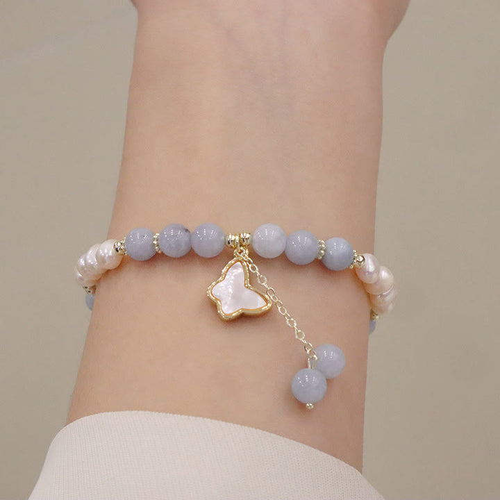 Buddha Stones Natural Aquamarine Pearl Healing Ginkgo Leaf Butterfly Charm Bracelet