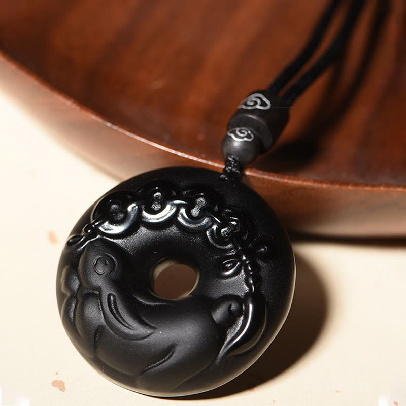 Buddha Stones Chinese Zodiac Natural Black Obsidian Peace Buckle Strength Necklace Pendant