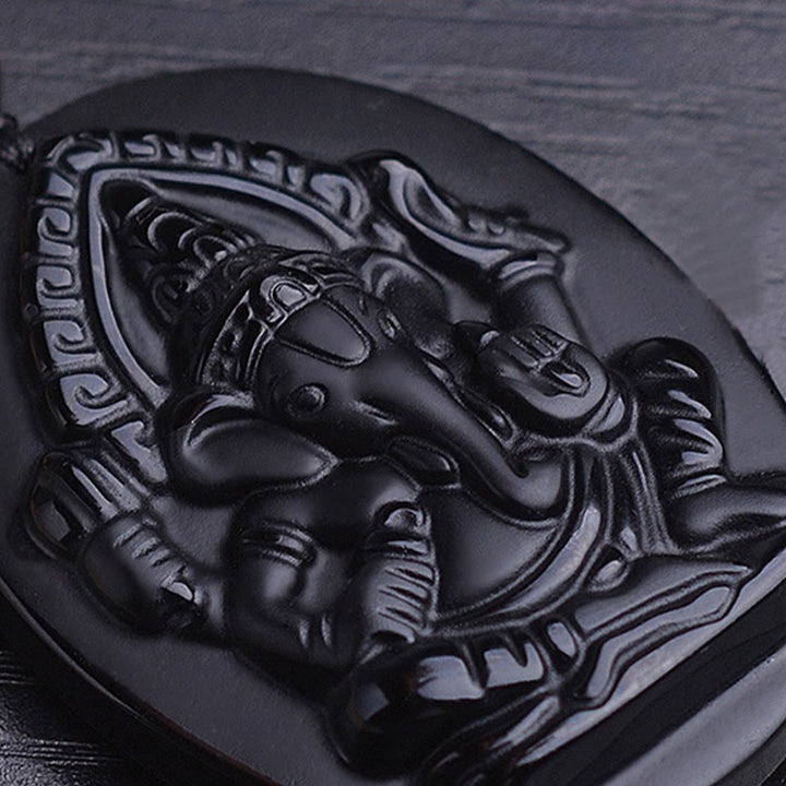 Buddha Stones Tibetan Obsidian Ganesh Ganpati Elephant Wealth Amulet Necklace