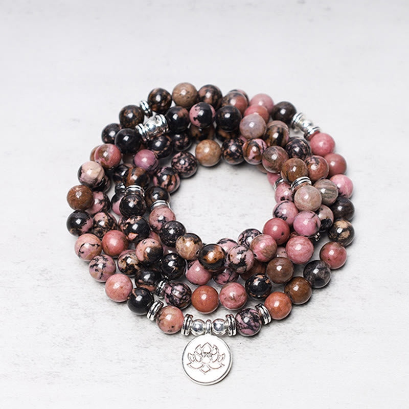 Buddha Stones 108 Mala Beads Rhodonite Lotus Compassion Energy Bracelet