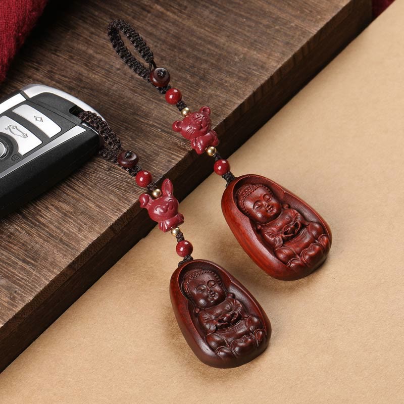 Buddha Stones Small Leaf Red Sandalwood Buddha Cinnabar Chinese Zodiac Amulet Protection Key Chain