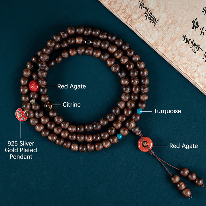 Buddha Stones 108 Mala Beads Kalimantan Agarwood Laughing Buddha Peace Buckle Red Agate Jade Strength Bracelet