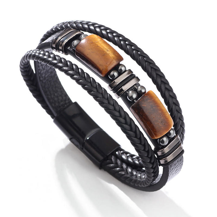 Buddha Stones Tiger Eye Power Magnetic Buckle Multilayered Leather Bracelet