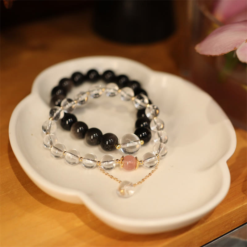 Natural Silver Sheen Obsidian Pink Crystal White Crystal Protection Yin Yang Color Couple Bracelet