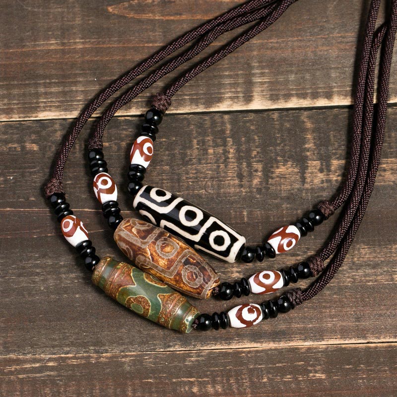 Buddha Stones Tibetan Nine-Eye Dzi Bead Protection String Necklace