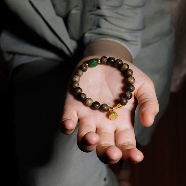 Buddha Stones 999 Gold Brunei Agarwood Cyan Jade Lotus Flower Peace Strength Bracelet