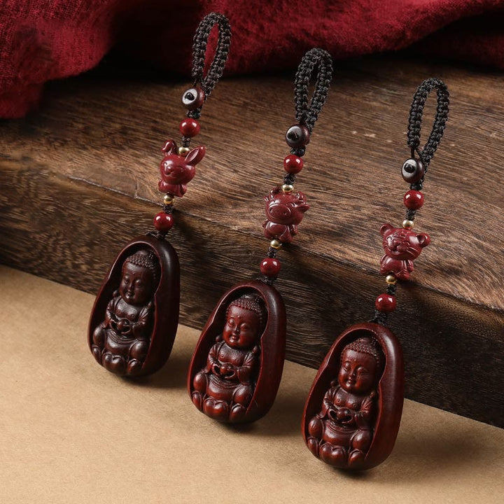 Buddha Stones Small Leaf Red Sandalwood Buddha Cinnabar Chinese Zodiac Amulet Protection Key Chain