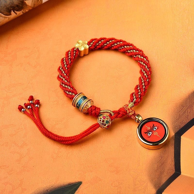 Buddha Stones Tibet Handmade Five God Of Wealth Luck Thangka Amulet Prayer Wheel Flower Charm Weave String Bracelet