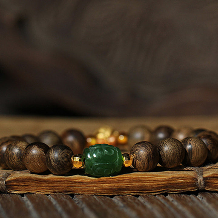 Buddha Stones 999 Gold Brunei Agarwood Cyan Jade Lotus Flower Peace Strength Bracelet