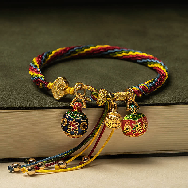 Buddha Stones Gold Swallowing Beast Family Luck Reincarnation Knot Colorful String Bracelet