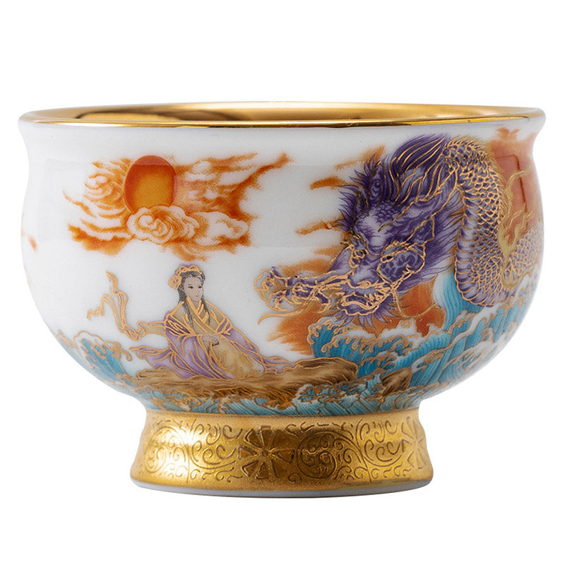 Buddha Stones Golden Eagle Auspicious Dragon Sun Ocean Waves Gilt Ceramic Teacup Kung Fu Tea Cup