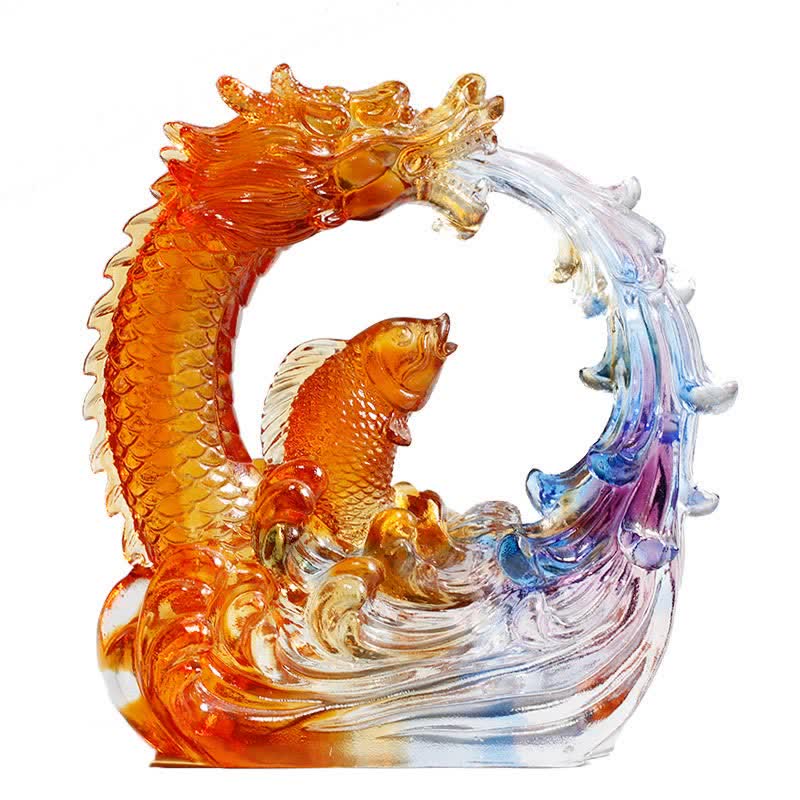 Buddha Stones Feng Shui Dragon Koi Fish Handmade Liuli Crystal Art Piece Home Office Decoration