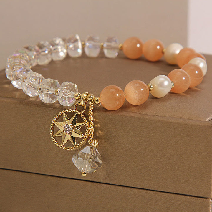 Buddha Stones Orange Cat's Eye White Crystal Star Support Bracelet