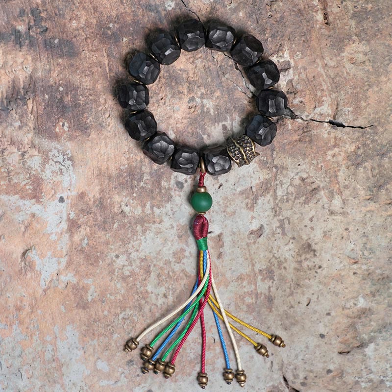 Tibet Ebony Wood Copper Peace Tassel Wrist Mala Bracelet