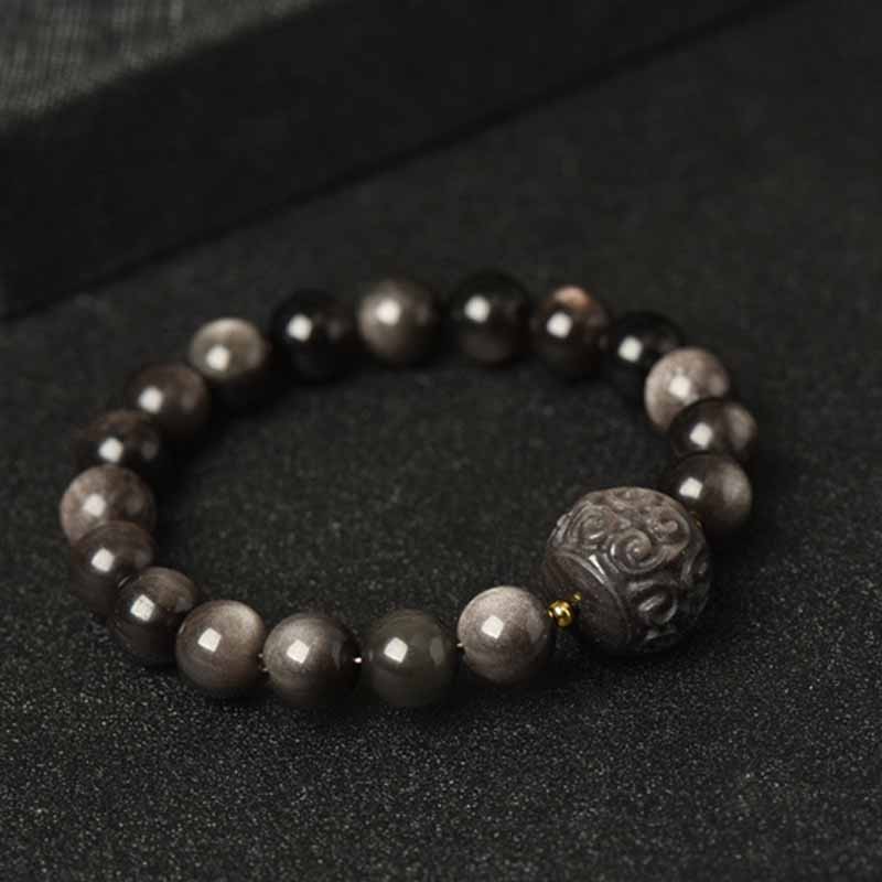 Buddha Stones Silver Sheen Obsidian Lotus Flower Nine Tailed Fox Laughing Buddha Protection Bracelet