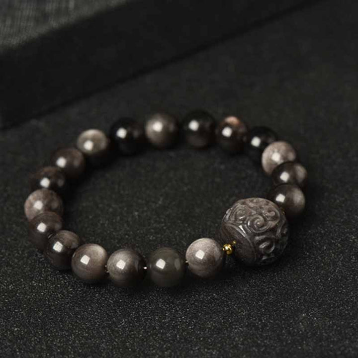 Buddha Stones Silver Sheen Obsidian Lotus Flower Nine Tailed Fox Laughing Buddha Protection Bracelet