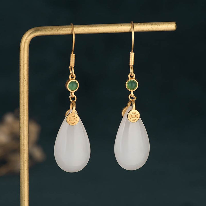 Buddha Stones FengShui White Jade Luck Drop Earrings