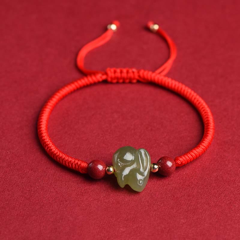 Year of the Rabbit Hetian Jade Bunny Cinnabar Beaded Abundance String Bracelet