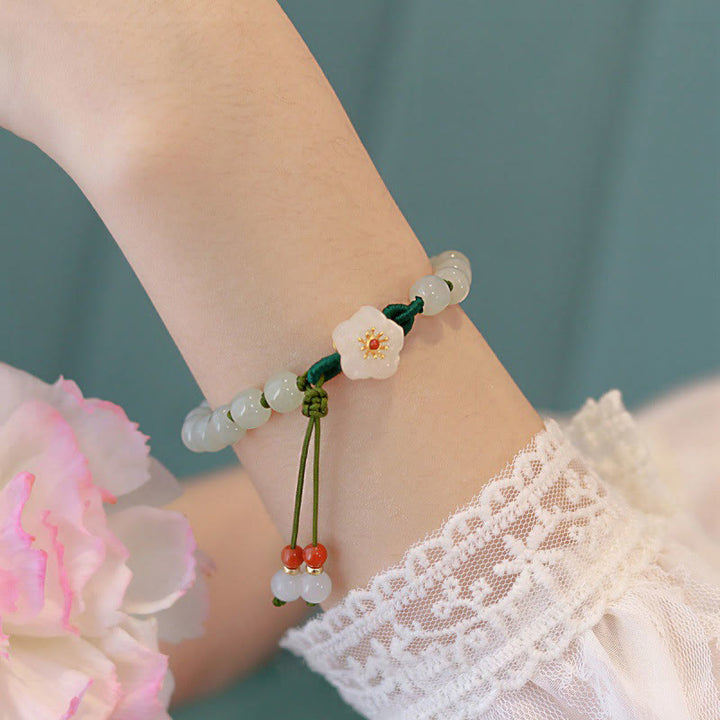 Buddha Stones Jade Peach Blossom Flower Luck Bracelet