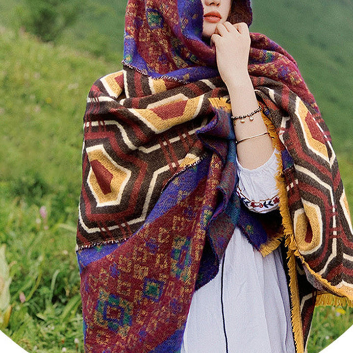 Buddha Stones Tibetan Shawl Brown Blue Red Geometric Shapes Pattern Winter Cozy Travel Scarf Wrap