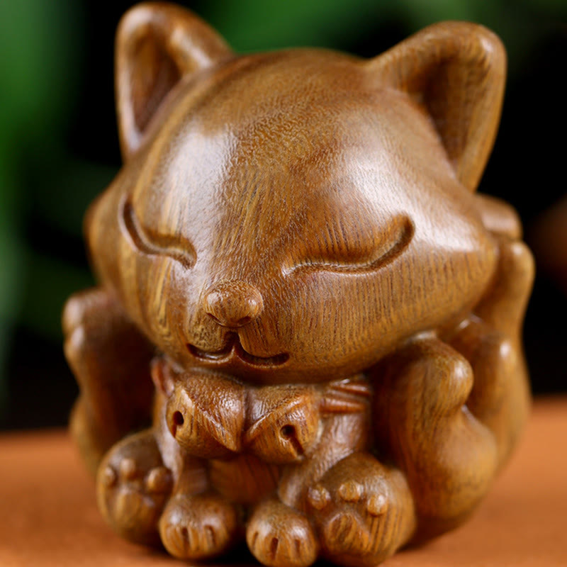 Buddha Stones Mini Nine-Tailed Fox Ivory Fruit Sandalwood Green Sandalwood Blessing Decoration