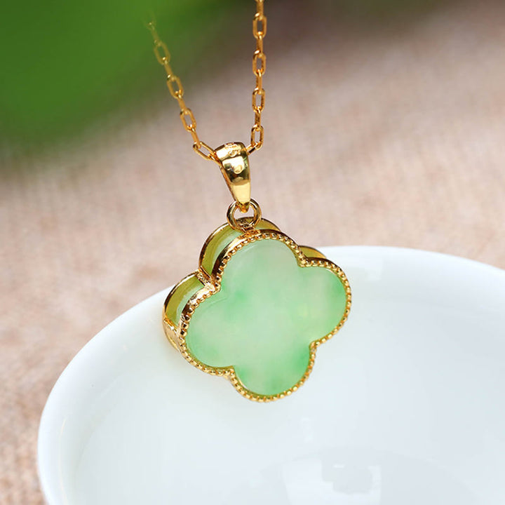 Buddha Stones Four Leaf Clover Jade Pattern Luck Necklace Pendant