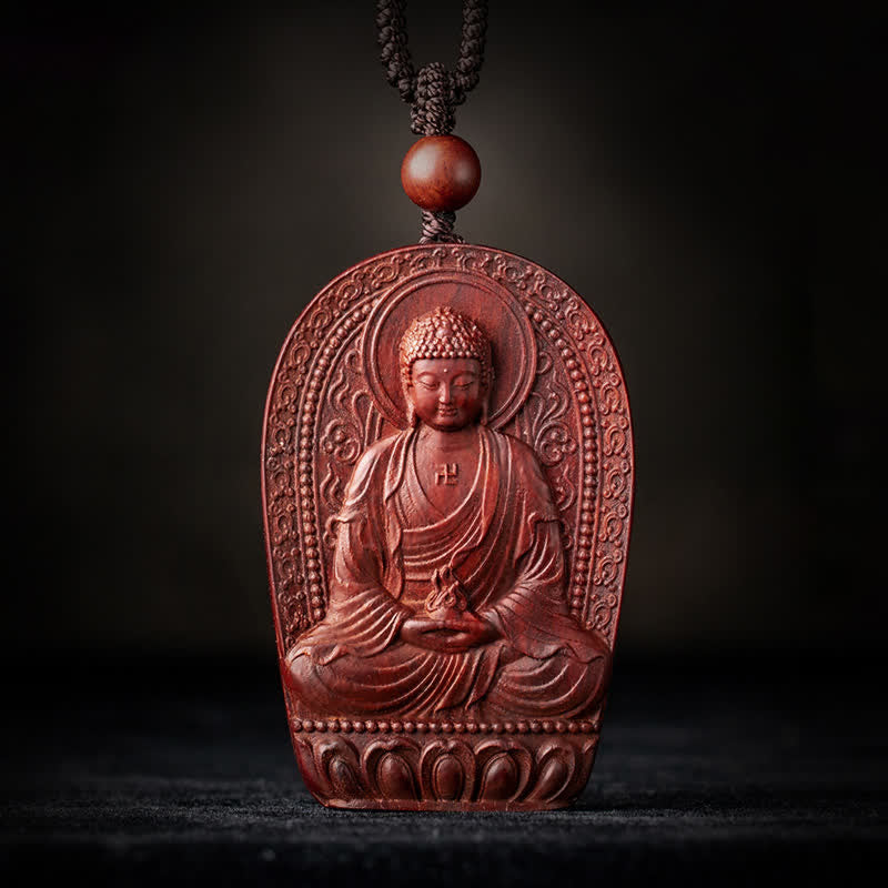 Chinese Zodiac Natal Buddha Small Leaf Red Sandalwood Lotus Protection Necklace Pendant