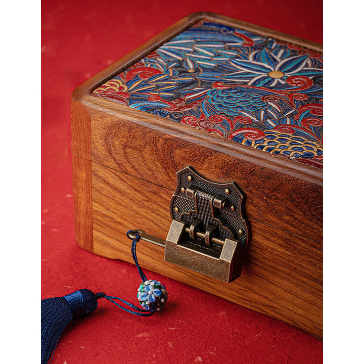 Retro Handmade Floral Pattern Rosewood Jewelry Storage Box Lockable Wooden Gift Organizer Box