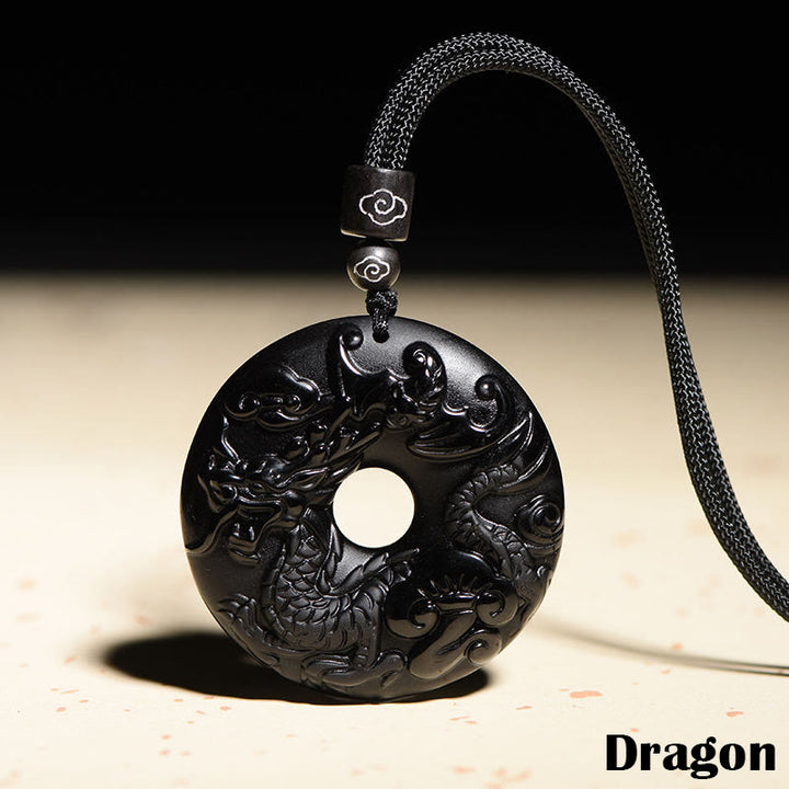 Buddha Stones Chinese Zodiac Natural Black Obsidian Peace Buckle Strength Necklace Pendant