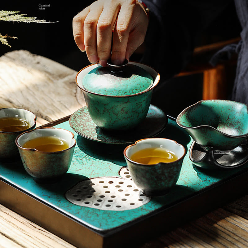 Buddha Stones Retro Green Glaze Ceramic Gaiwan Sancai Teacup Kung Fu Tea Cup And Saucer With Lid