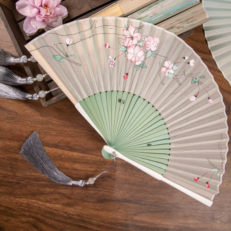 Buddha Stones Jasmine Lotus Begonia Flowers Handheld Bamboo Folding Fan