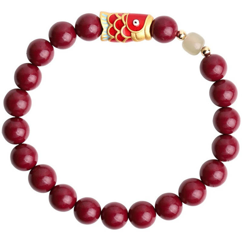 Buddha Stones Natural Cinnabar Lucky Koi Fish Hetian Jade Bead Blessing Bracelet