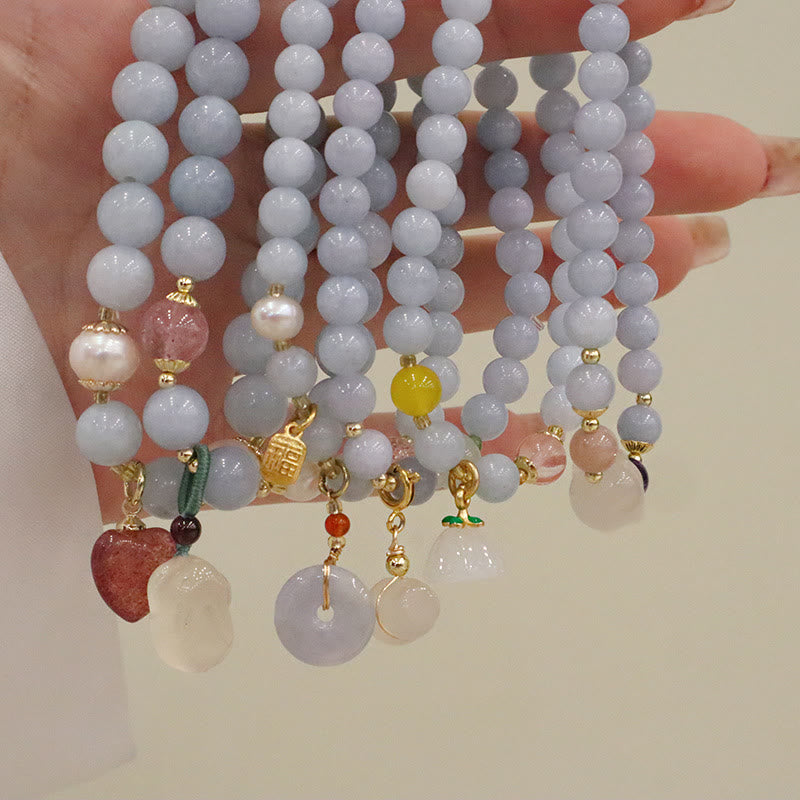 Buddha Stones Natural Aquamarine Chalcedony Serenity Rabbit Gourd Cat Charm Bracelet