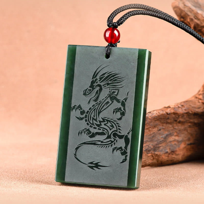 Buddha Stones Hetian Cyan Jade Dragon Engraved Success Necklace Pendant