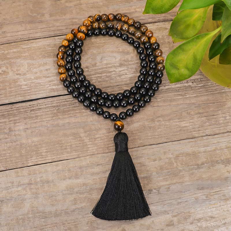 Buddha Stones Tibetan Black Onyx Tiger Eye Protection Necklace Mala Set