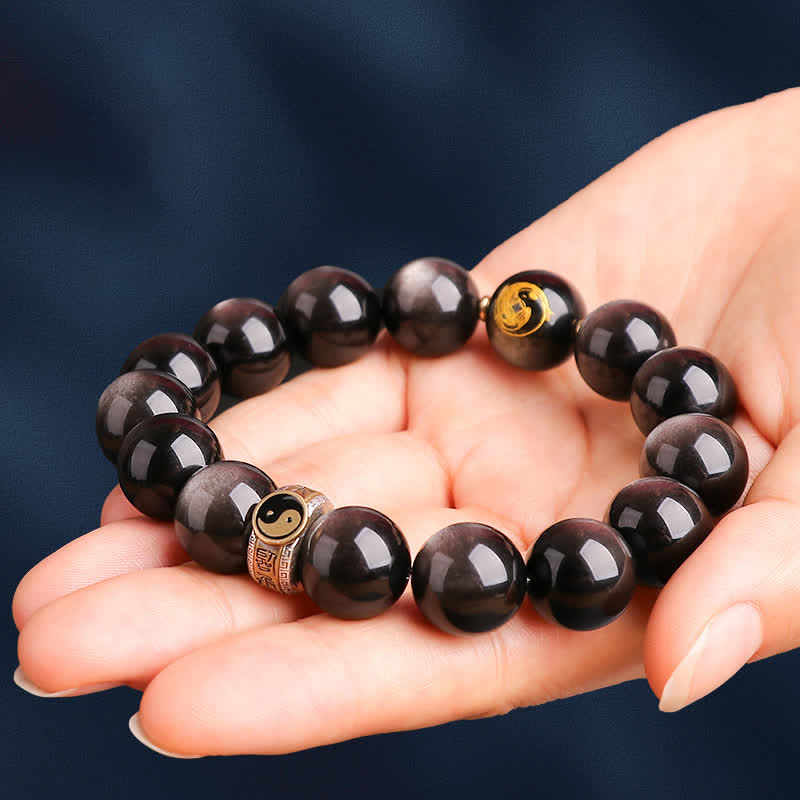 Buddha Stones 925 Sterling Silver Black Obsidian Gold Sheen Obsidian Silver Sheen Obsidian Yin Yang Protection Bracelet