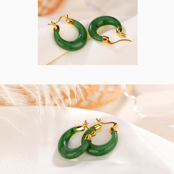 Buddha Stones 925 Sterling Silver Plated Gold Natural Round Hetian Cyan Jade Luck Drop Earrings