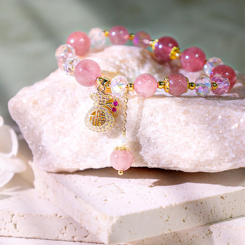 Buddha Stones Natural Strawberry Quartz Crystal Money Bag Charm Positive Bracelet