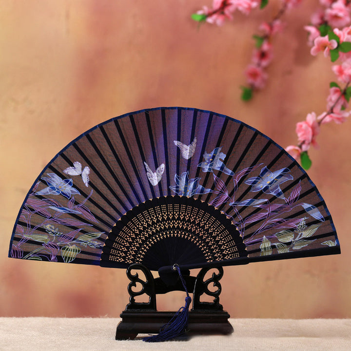 Buddha Stones Cherry Blossom Lily Butterfly Bamboo Handheld Bamboo Folding Fan 21cm