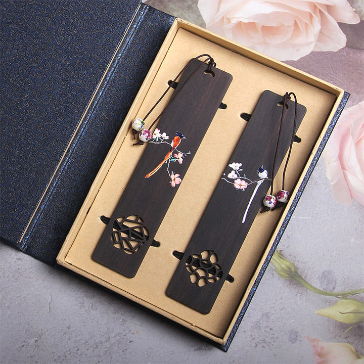 Buddha Stones Oriole Bird Flower Ebony Wood Bookmarks With Gift Box