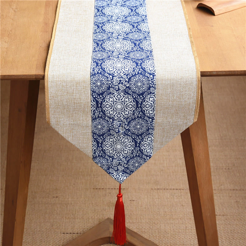 Buddha Stones Classic Chinese Style Lotus Koi Fish Flower Crane Calligraphy Enlightenment Cotton Linen Tassels Table Runner