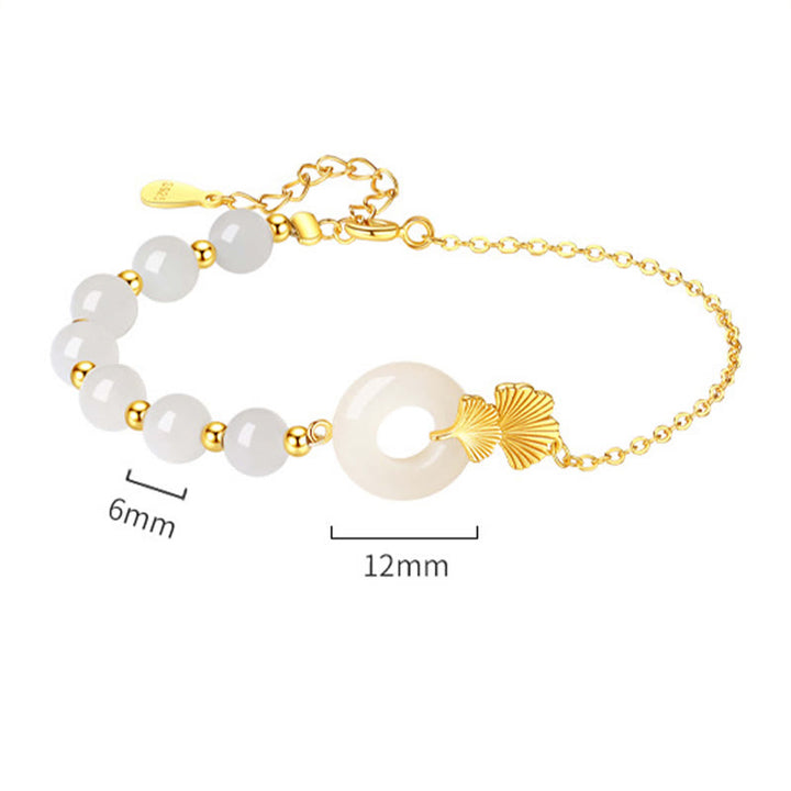 Buddha Stones 925 Sterling Silver Hetian White Jade Peace Buckle Ginkgo Leaf Luck Bracelet