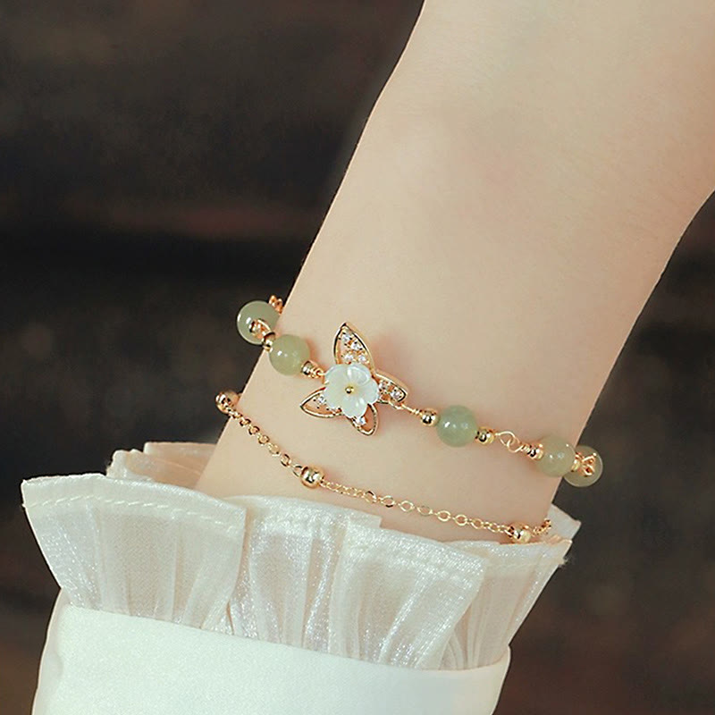 Buddha Stones 14K Gold Plated Jade Butterfly Tridacna Stone Flower Double Layer Luck Bracelet