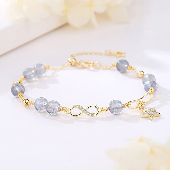 Buddha Stones 14K Gold Plated Natural Strawberry Quartz Moonstone Möbius Loop Eternal Love Star Positive Bracelet