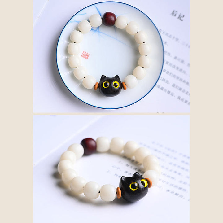 Buddha Stones Natural Bodhi Seed Small Leaf Red Sandalwood Ebony Wood Cute Lucky Cat Wisdom Bracelet